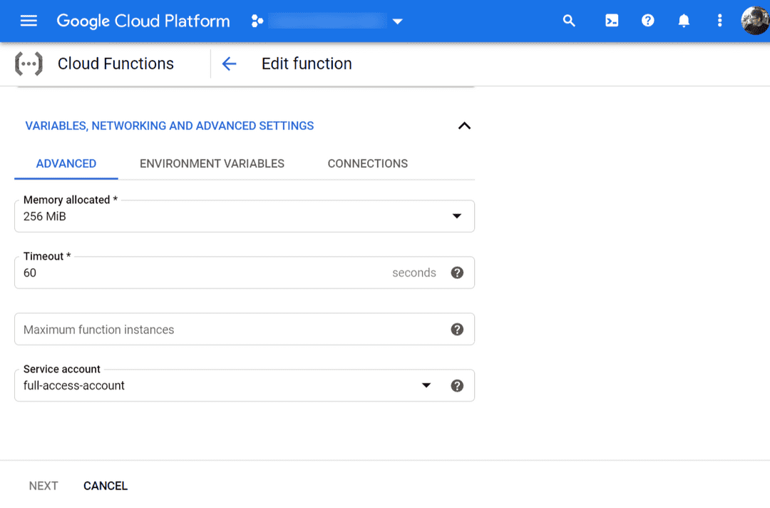 Cloud Function Settings