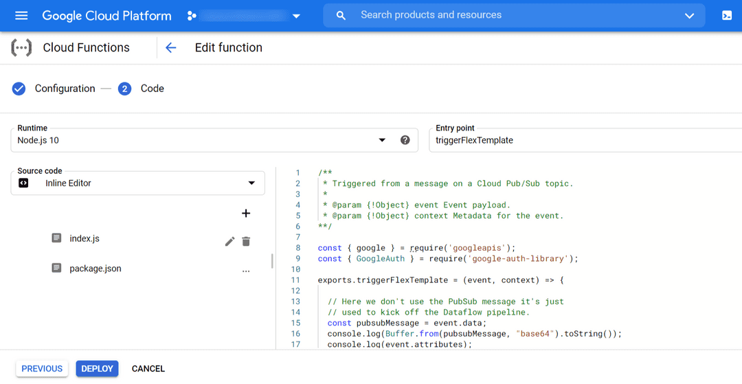Cloud Function Inline Editor